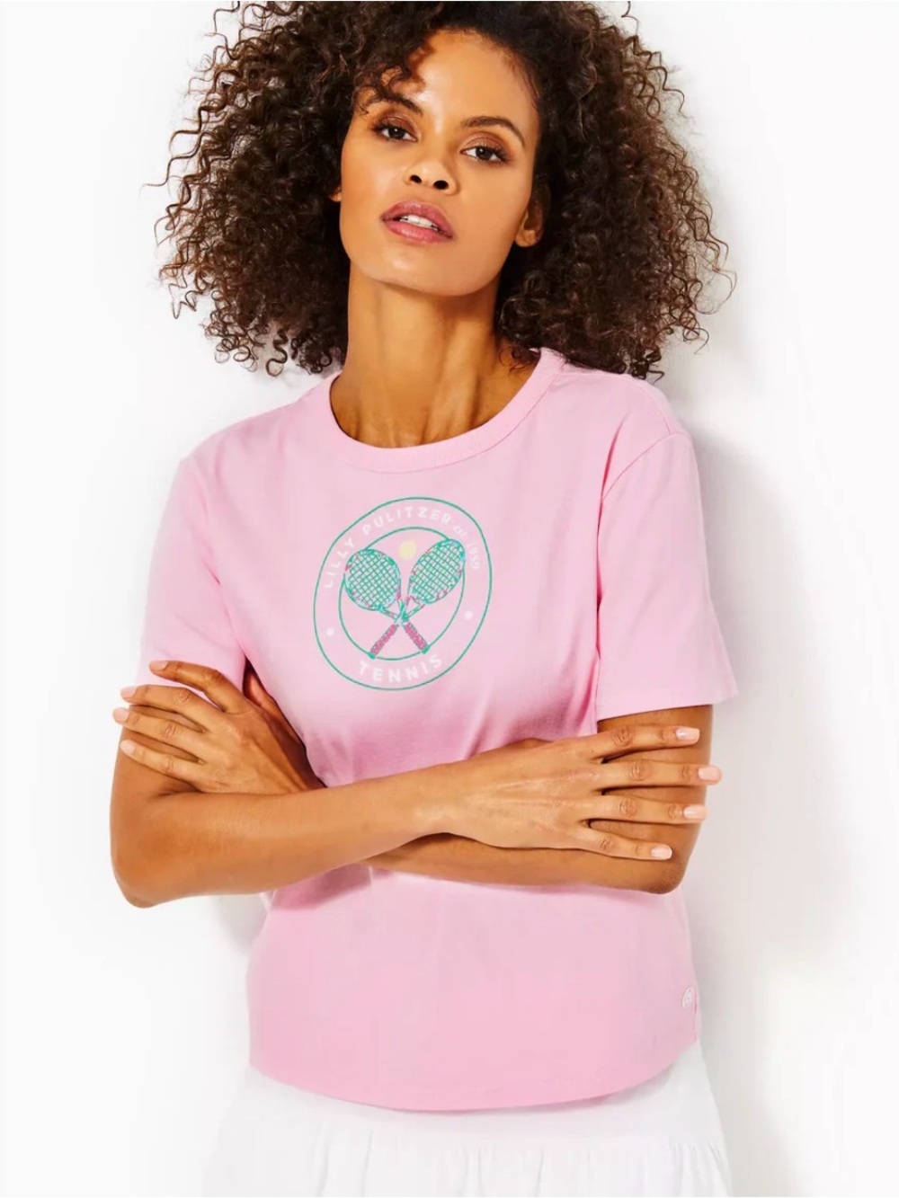 Lilly Pulitzer Luxletic Rally Tee Peony Pink Holding Court Tennis Graphic